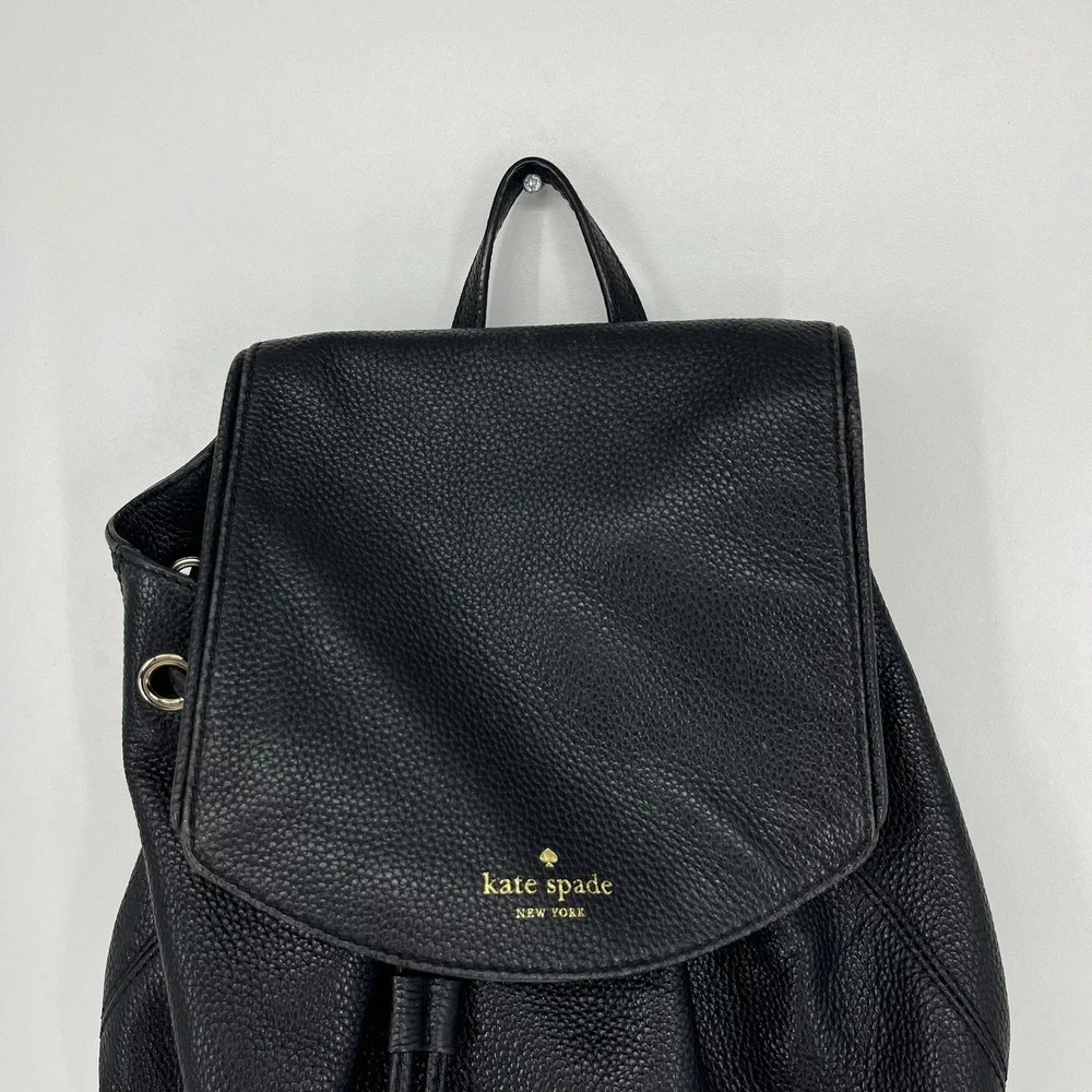Kate Spade New York Black Pebbled Leather Drawstring Flap Backpack Small